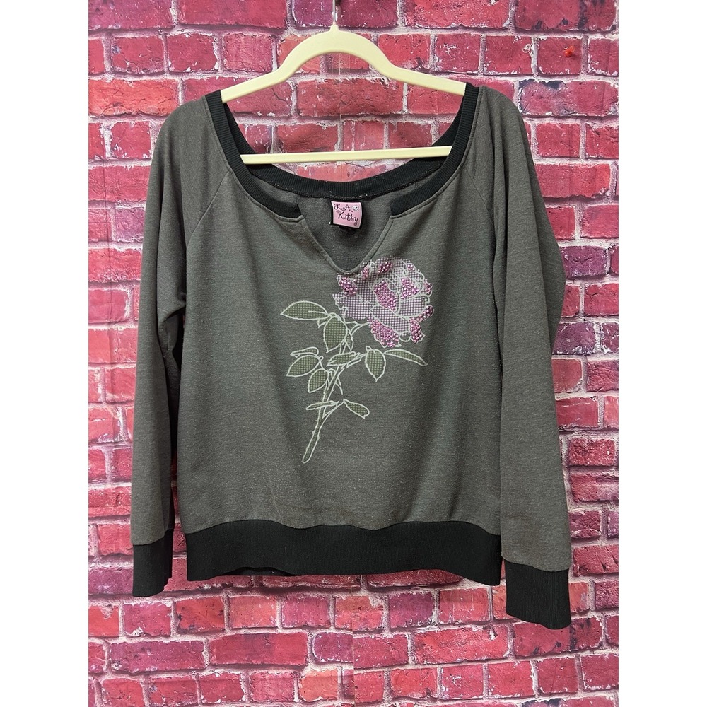 LA Kitty‎ Gray Rose Sequin V Neck Long Sleeve Sweatshirt Top